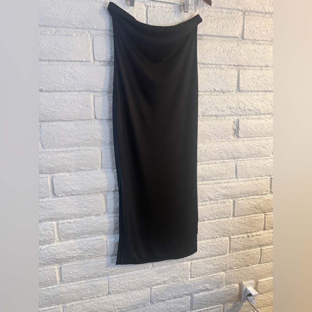 Almost Famous Black Satin Midi Dress Rose Print Slip Dress Side Slit M - Picture 3 of 5